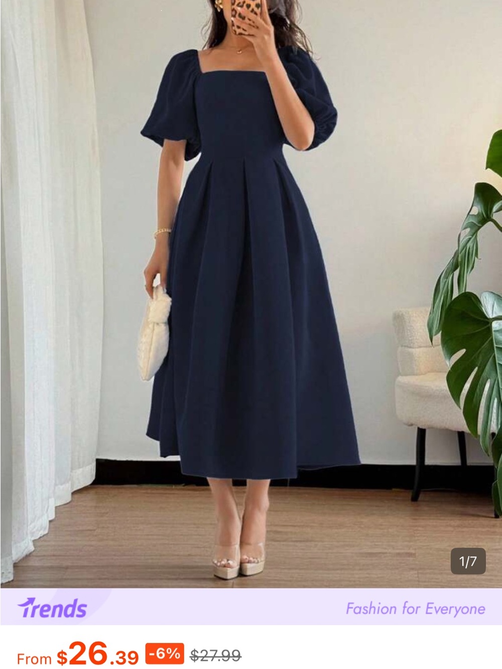 Navy Square Neck Midi Dress with Puff Sleeves